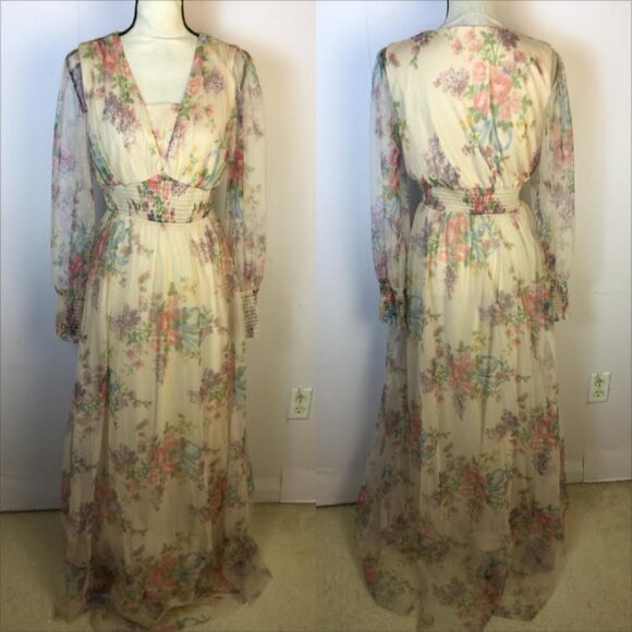Baltic Born Floral Maxi Dress in Cream and Pink w long sleeves - Picture 2 of 15